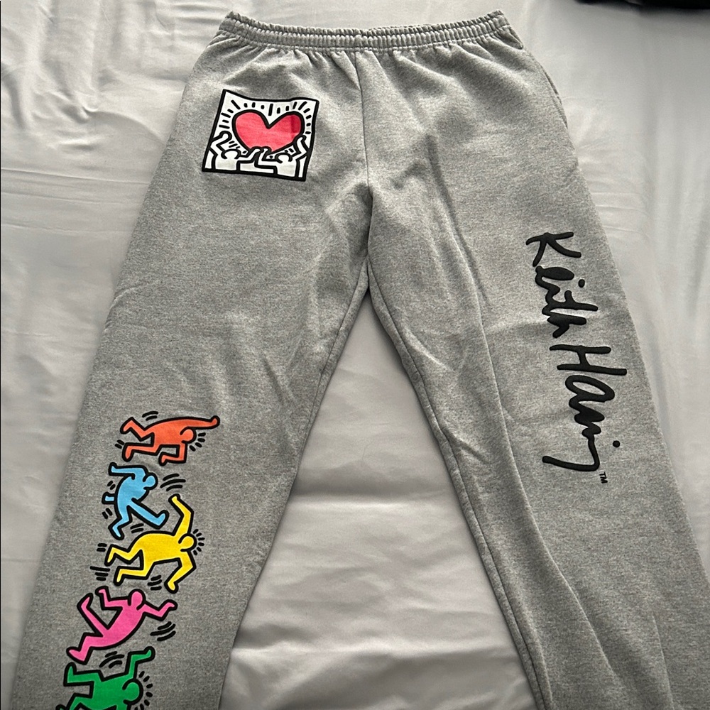 Keith Haring Gray Sweatpants with Heart and Dancing People Men’s Large